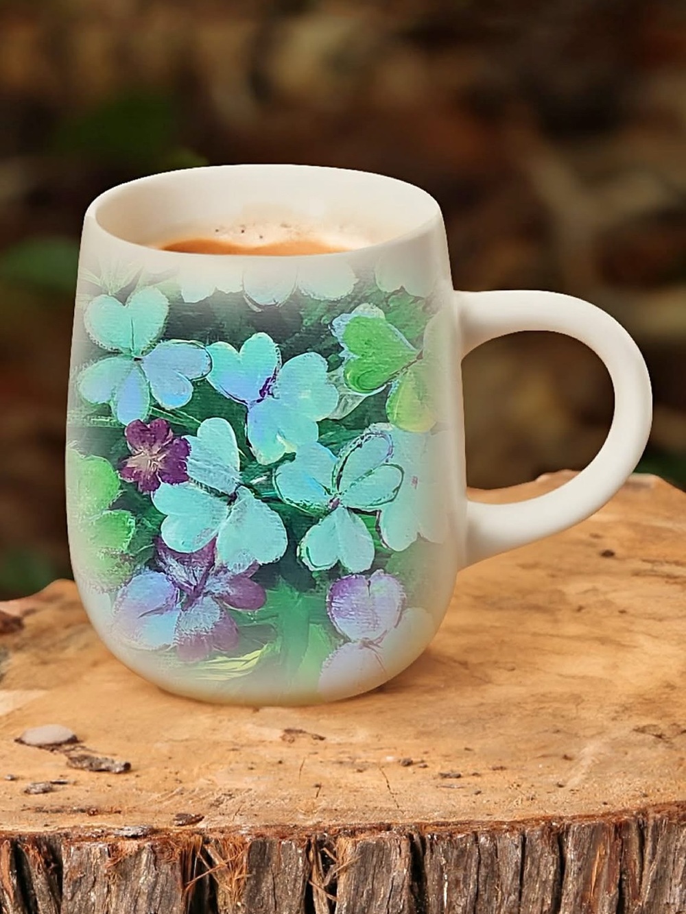 Floral Ceramic Coffee Mug in Green and Purple